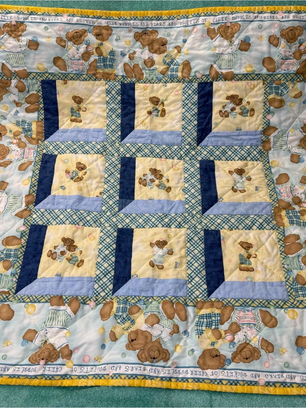 Blue & Yellow Teddy Bear 40” X 40” Quilted Baby Blanket